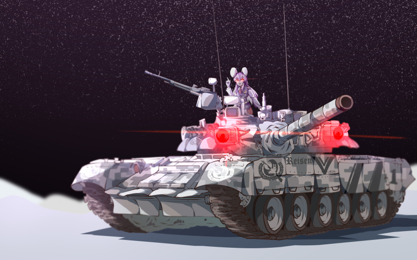 absurdres animal_ears cannon character_name commentary_request glowing glowing_eyes highres long_hair military military_vehicle motor_vehicle purple_hair pzgr.40 rabbit_ears rabbit_girl reisen_udongein_inaba t-80 tank touhou variant_set