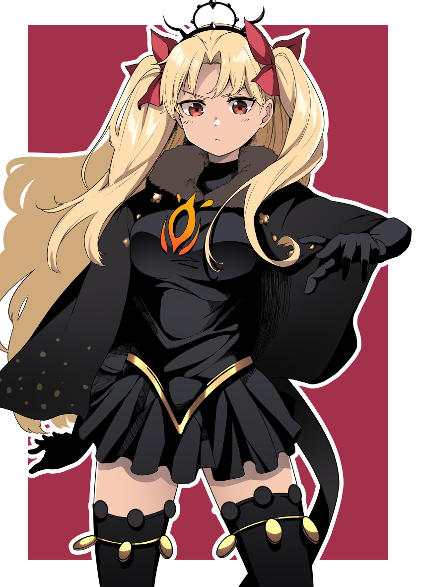 1girl absurdres black_cape black_dress black_gloves black_thighhighs blonde_hair blush border cape closed_mouth commentary_request dark-skinned_female dark_skin dress ereshkigal_(fate) ereshkigal_alter_(fate) fate/grand_order fate_(series) fur-trimmed_cape fur_trim gloves hair_ribbon highres long_hair long_sleeves looking_at_viewer outside_border parted_bangs red_background red_eyes red_ribbon ribbon simple_background solo tanuki_(siutkm0228) thigh-highs two_side_up very_long_hair white_border