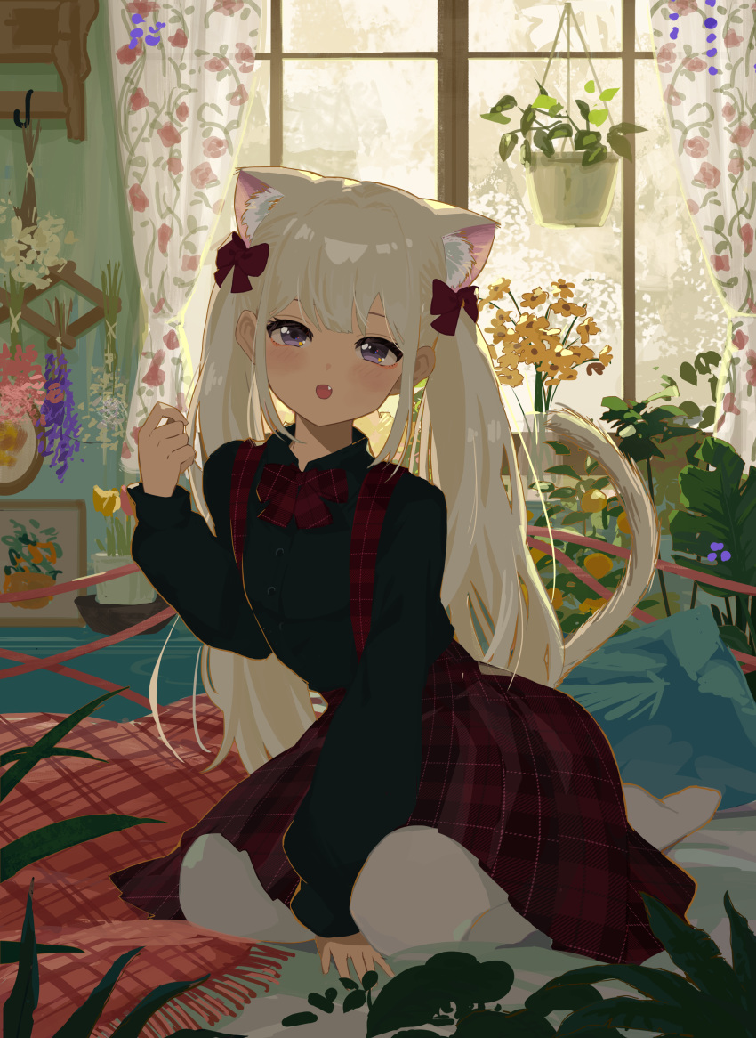 1girl absurdres animal_ear_fluff animal_ears between_legs black_shirt bow bowtie cat_ears cat_girl cat_tail collared_shirt commentary_request dress extra_ears fang full_body hair_ribbon hand_between_legs highres indoors kgt_(pixiv12957613) long_hair long_sleeves looking_at_viewer medium_dress no_shoes open_mouth original pinafore_dress plaid plaid_bow plaid_bowtie plaid_dress pleated_dress puffy_long_sleeves puffy_sleeves red_bow red_bowtie red_dress red_ribbon ribbon shirt sitting sleeveless sleeveless_dress solo tail thigh-highs twintails violet_eyes white_hair white_thighhighs yokozuwari