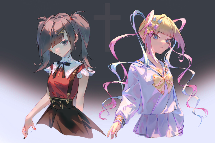 2girls ame-chan_(needy_girl_overdose) arm_behind_back black_eyes black_hair black_nails black_ribbon black_skirt blonde_hair blue_bow blue_eyes blue_hair blue_nails blue_shirt blue_skirt bow breasts chinese_commentary chouzetsusaikawa_tenshi-chan closed_mouth collared_shirt commentary_request cropped_legs cross dual_persona gradient_background gradient_hair grey_background hair_bow hair_ornament hair_over_one_eye hair_tie heart heart_hair_ornament highres long_hair long_sleeves looking_at_viewer multicolored_hair multicolored_nails multiple_girls neck_ribbon needy_girl_overdose pink_bow pink_hair pink_nails pleated_skirt purple_bow purple_hair quad_tails red_nails red_shirt ribbon sailor_collar school_uniform serafuku shirt shirt_tucked_in skirt small_breasts songziqieyu348 suspender_skirt suspenders twintails very_long_hair x_hair_ornament yellow_bow