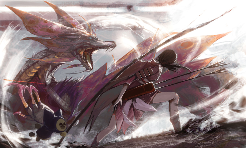 1girl animal_focus arrow_(projectile) black_hair blue_eyes brown_hair buccal_flap claws conical_teeth felyne fighting from_behind from_side fuyoo highres kneeling medium_hair mizutsune monster_hunter_(character) monster_hunter_(series) open_mouth quiver slipping