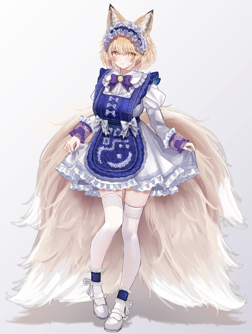 1girl adapted_costume alternate_costume animal_ears apron blonde_hair blue_apron blush bow breasts closed_mouth dress enmaided fox_ears fox_tail frilled_dress frills full_body highres large_breasts long_sleeves looking_at_viewer maid maid_apron maid_headdress multiple_tails purple_bow sarasadou_dan shoes short_hair simple_background solo tail thigh-highs touhou white_background white_bow white_dress white_footwear white_thighhighs yakumo_ran yellow_eyes yellow_tail
