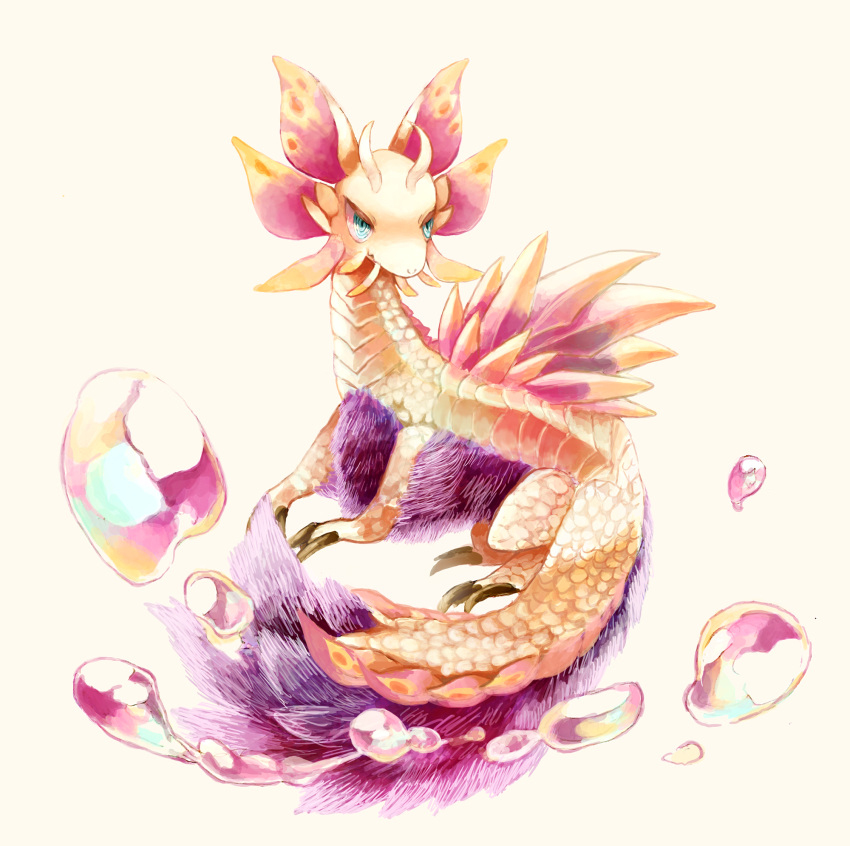 animal_focus aqua_eyes bubble closed_mouth commentary_request cream_theme dragon eastern_dragon frills highres long_tail mizutsune monster_hunter_(series) monster_hunter_x no_humans purple_fur refraction scales sicure simple_background solo tail white_background yellow_scales