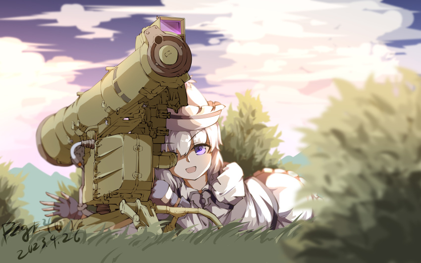 1girl :d absurdres blurry blurry_background cannon chinese_commentary clouds commentary_request full_body grass highres looking_at_viewer merlin_prismriver open_mouth outdoors pink_headwear pzgr.40 short_hair smile solo touhou turret variant_set violet_eyes white_hair