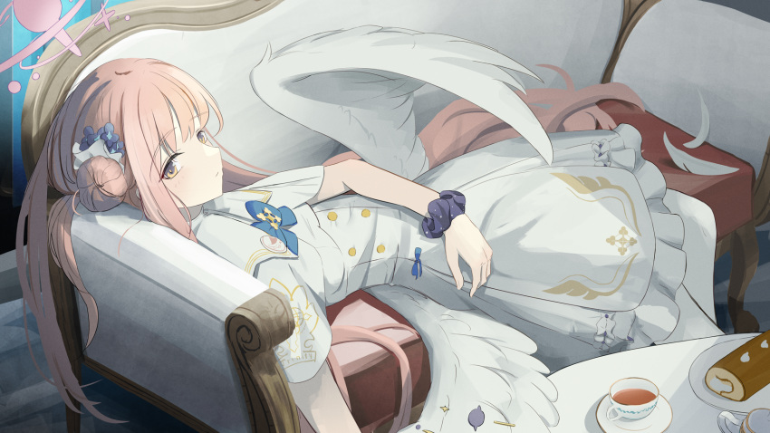 1girl angel_wings blue_archive blush cake capelet closed_mouth couch cup doran_(dorannomai) dress feathered_wings feathers flower food frilled_dress frills hair_bun hair_flower hair_ornament halo highres long_hair looking_at_viewer lying mika_(blue_archive) on_couch pantyhose pink_hair pink_halo purple_flower single_side_bun solo swiss_roll white_capelet white_dress white_pantyhose white_wings wings yellow_eyes
