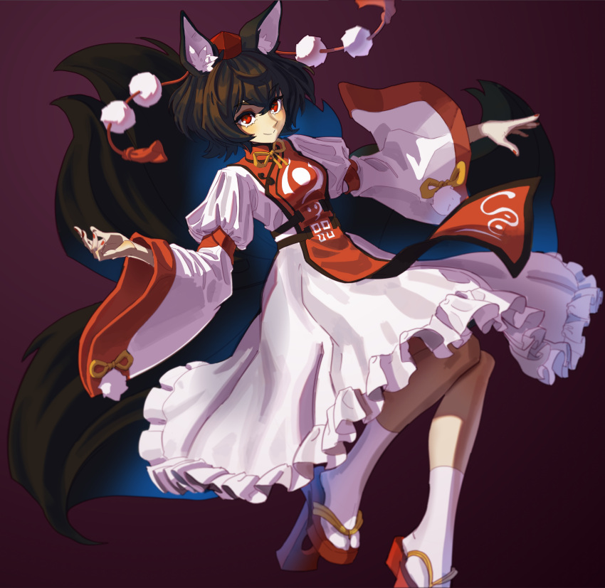 1girl absurdres alternate_costume animal_ears black_background black_hair closed_mouth commentary commission dress english_commentary frilled_dress frills full_body geta hat highres long_sleeves looking_at_viewer nezo pom_pom_(clothes) red_eyes red_footwear red_headwear shameimaru_aya short_hair simple_background smile socks solo tabard tengu-geta tokin_hat touhou touhou_lost_word white_dress white_socks wide_sleeves