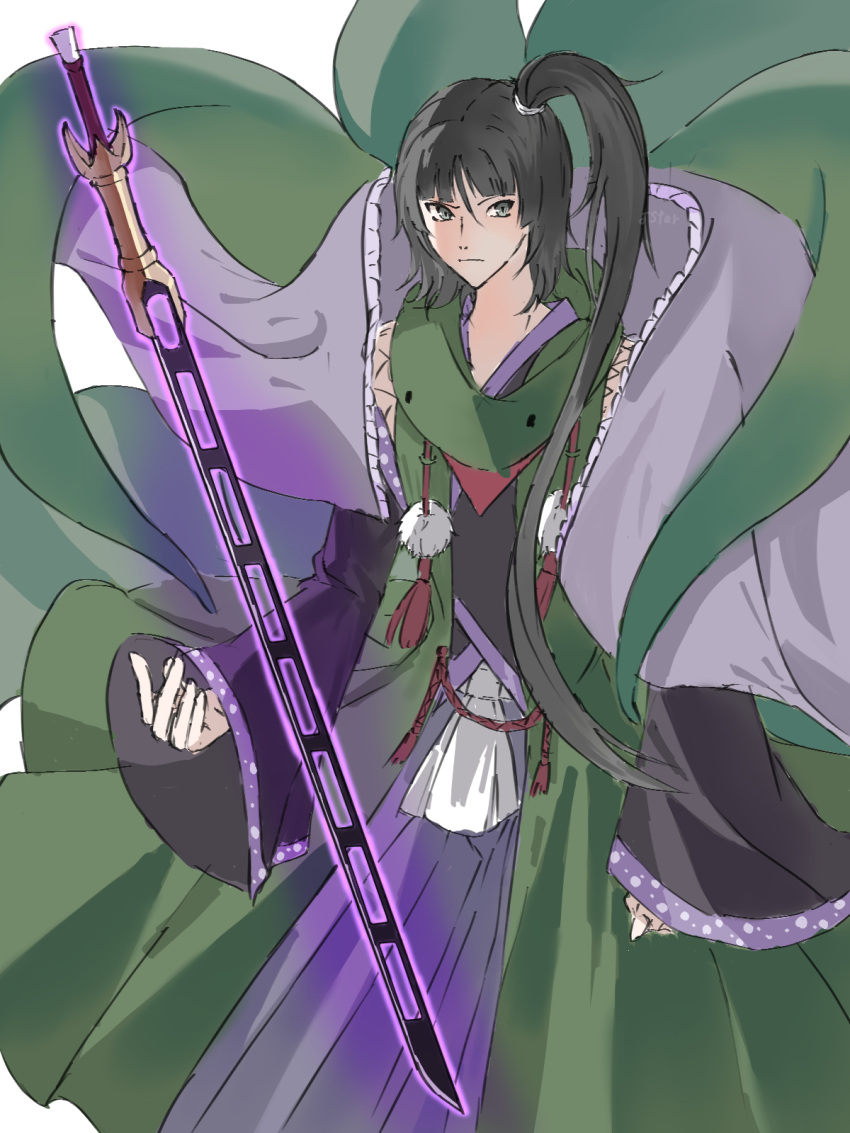 1other adagumo_no_yaorochi androgynous bare_shoulders black_hair black_kimono black_sleeves blue_hakama blue_skirt cape cape_lift clenched_hand closed_mouth coat detached_sleeves eyelashes feet_out_of_frame frilled_cape frown glowing glowing_sword glowing_weapon green_coat green_eyes green_scarf hakama hakama_skirt highres japanese_clothes kimono len'en long_hair long_sleeves looking_at_viewer multiple_tails neckerchief other_focus outstretched_hand pom_pom_(clothes) ponytail_holder purple_cape purple_trim red_neckerchief scarf side_ponytail skirt sleeveless sleeveless_coat sleeveless_kimono sleeves_past_wrists slit_pupils snake_tail solo sword_of_kusanagi tail tasouken tassel telekinesis v-shaped_eyebrows weapon white_background wide_sleeves yoni.