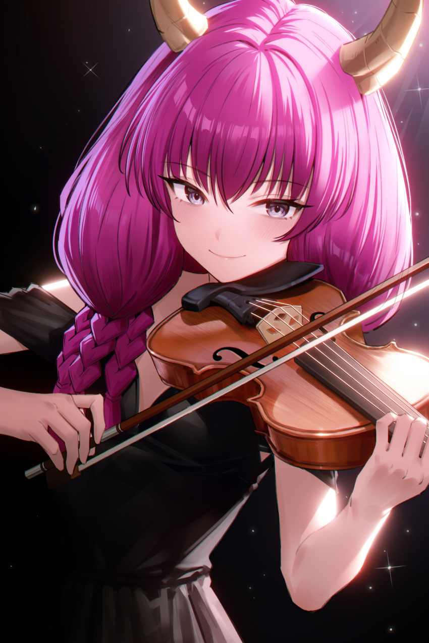 1girl 95--- alternate_costume aura_(sousou_no_frieren) black_background black_dress braid closed_mouth commentary_request demon_girl demon_horns dress grey_eyes hair_between_eyes highres holding holding_bow_(music) holding_instrument holding_violin horns instrument long_hair looking_at_viewer low-braided_long_hair multiple_braids music playing_instrument purple_hair smile solo sousou_no_frieren starry_background strapless strapless_dress violin