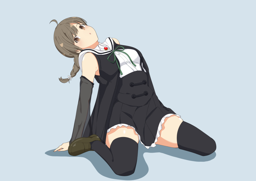 1girl :o absurdres ahoge arm_at_side assault_lily bare_shoulders black_jacket black_skirt black_thighhighs braid breasts brown_eyes brown_footwear brown_hair buttons commentary_request detached_sleeves flower frilled_skirt frills full_body green_ribbon grey_background hair_flower hair_ornament highres jacket leaning_back light_blush loafers long_hair long_sleeves looking_at_viewer medium_breasts miniskirt neck_ribbon open_clothes open_jacket parted_lips ribbon rokkaku_shiori school_uniform see-through see-through_sleeves senri_(senri03151221) shadow shirt shoes simple_background single_braid sitting skirt sleeveless sleeveless_jacket sleeveless_shirt solo thigh-highs underbust wariza white_flower white_shirt yurigaoka_girls_academy_school_uniform zettai_ryouiki