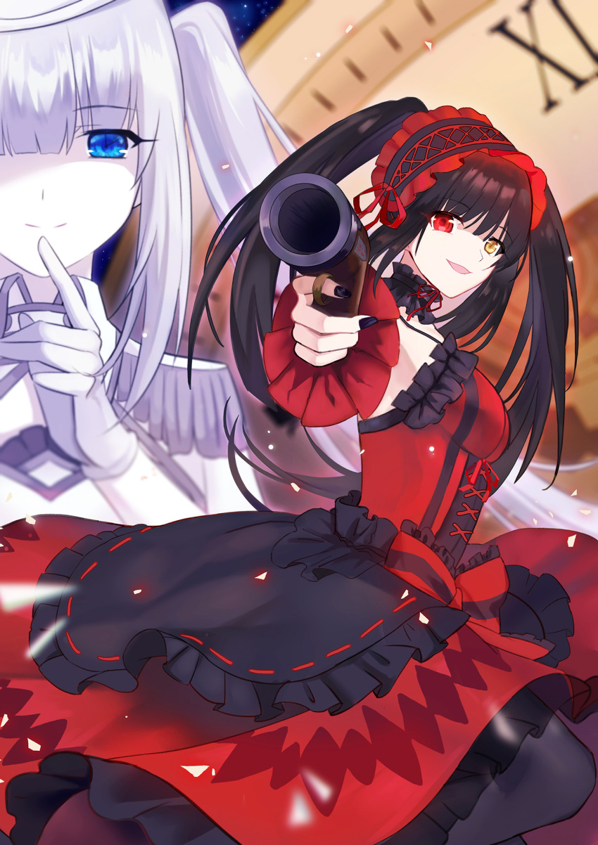 2girls 672393279 black_hair blue_eyes breasts clock_eyes date_a_live date_a_live:_date_a_bullet dress frilled_dress frilled_hairband frills gloves gun hairband highres lolita_fashion lolita_hairband medium_breasts multiple_girls open_mouth pointing_gun red_dress roman_numeral smile symbol-shaped_pupils tokisaki_kurumi twintails two-tone_dress weapon white_gloves white_hair white_queen_(date_a_live)