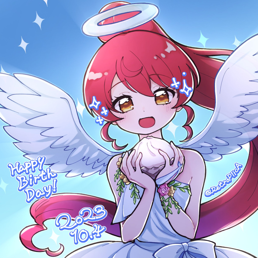 1girl :d angel angel_wings baozi bare_shoulders blue_background blush commentary_request dated dress feathered_wings food halo hands_up happy_birthday highres holding holding_food long_hair looking_at_viewer nana_(retroplica) open_mouth own_hands_together ponytail pretty_(series) pripara redhead shiratama_mikan smile solo sparkle white_dress white_halo white_wings wings yellow_eyes