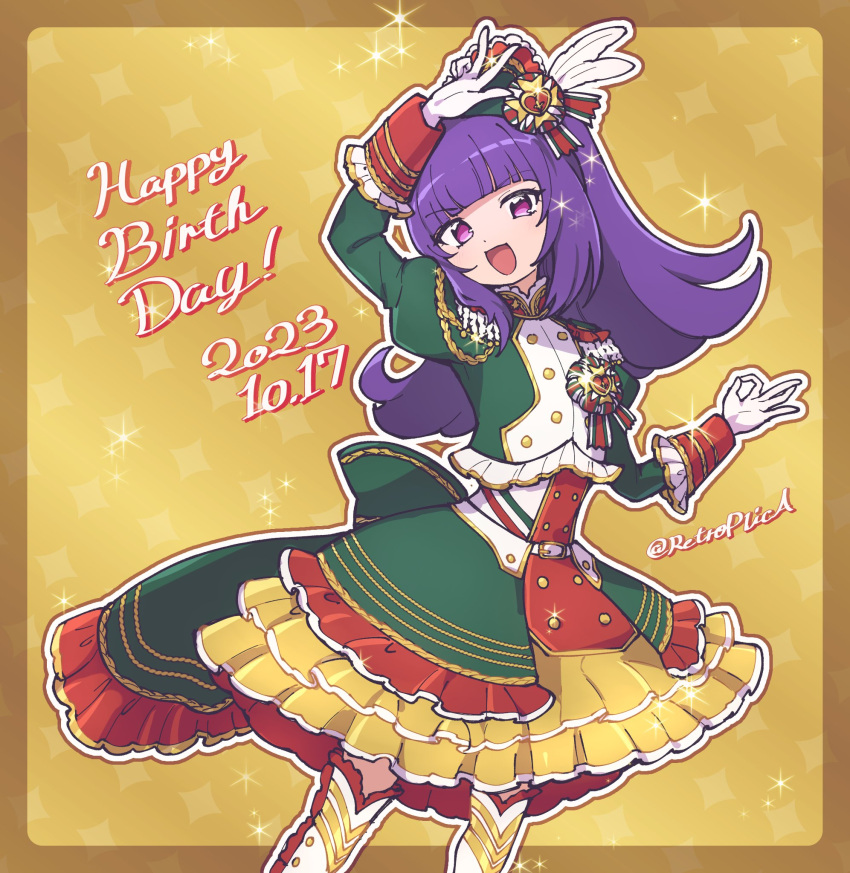 1girl :d aiguillette arm_up blunt_bangs boots border commentary_request cropped_jacket dated dress epaulettes feather_hair_ornament feathers frilled_dress frills gloves green_dress green_jacket hair_ornament hanazono_shuka happy_birthday highres idol_clothes idol_time_pripara jacket juliet_sleeves knee_boots long_hair long_sleeves looking_at_viewer nana_(retroplica) ok_sign open_mouth outline ponytail pretty_(series) pripara puffy_sleeves purple_hair smile solo sparkle standing twitter_username violet_eyes white_footwear white_gloves white_outline yellow_background