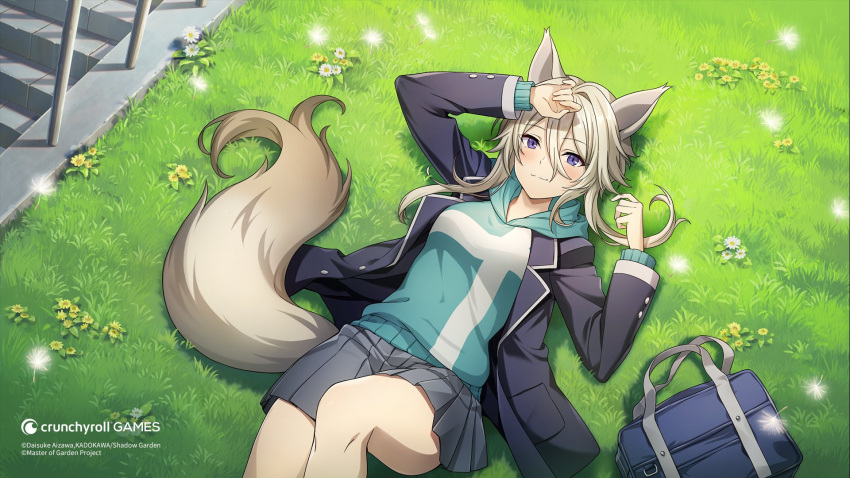 1girl :3 animal_ears aqua_hoodie bag black_jacket blonde_hair blue_bag cat_ears cat_girl cat_tail closed_mouth commentary english_commentary grass grey_skirt hair_between_eyes highres jacket kage_no_jitsuryokusha_ni_naritakute! looking_at_viewer lying official_art on_back on_grass pleated_skirt school_bag school_uniform short_hair_with_long_locks skirt smile solo tail violet_eyes zeta_(kage_no_jitsuryokusha_ni_naritakute!)