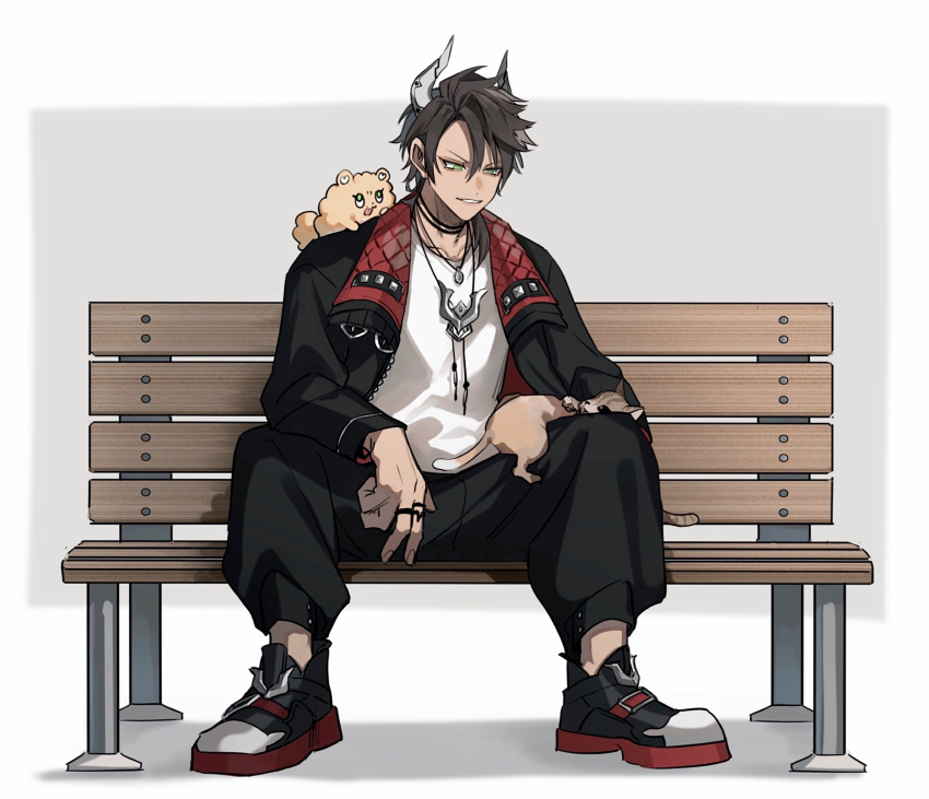 1031_ek 1boy animal_on_lap aragami_oga baggy_pants bench black_hair cat cat_on_lap demon_horns full_body green_eyes grey_background hair_between_eyes highres holostars horns jacket jewelry looking_at_animal male_focus multiple_cats multiple_rings necklace on_bench on_lap open_clothes open_jacket pants ring shadow shirt simple_background sitting smile solo spread_legs virtual_youtuber white_background white_shirt