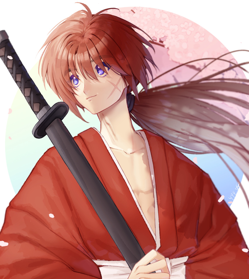 1boy cherry_blossoms circle closed_mouth cross_scar falling_petals highres himura_kenshin holding holding_sword holding_weapon japanese_clothes katana kimono light_smile long_hair looking_afar looking_to_the_side male_focus petals ponytail red_kimono redhead rurouni_kenshin scar scar_on_cheek scar_on_face sheath sheathed smile solo sword violet_eyes weapon yuusuke_(yyy_xp)