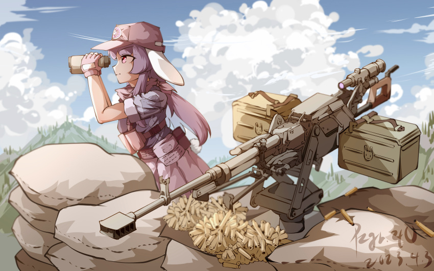 1girl absurdres alternate_costume animal_ears binoculars blue_sky brown_headwear chinese_commentary clouds commentary_request dated from_side gun heavy_machine_gun highres holding holding_binoculars kord_6p50 long_hair machine_gun outdoors purple_hair pzgr.40 rabbit_ears rabbit_girl reisen_udongein_inaba signature sky solo tactical_clothes touhou weapon