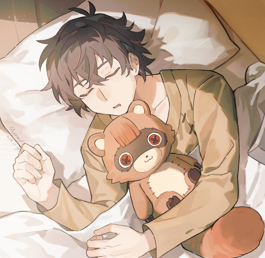 1boy alternate_costume antenna_hair bed bed_sheet black_hair closed_eyes collarbone commentary_request dated dopperu_ben drooling green_shirt hair_between_eyes highres holding holding_stuffed_toy hugging_doll hugging_object indoors iwatani_naofumi long_sleeves lying male_focus messy_hair mouth_drool on_back on_bed open_mouth pillow raph-chan shirt short_hair signature sleeping solo stuffed_animal stuffed_toy tate_no_yuusha_no_nariagari under_covers upper_body