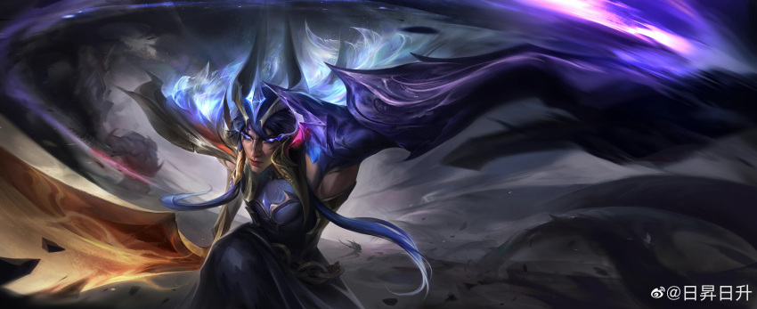 1boy absurdres artist_name blood blood_on_face blue_hair closed_mouth dawnbringer_yone fighting fog glowing glowing_eyes glowing_weapon hair_between_eyes hair_ornament highres holding holding_sword holding_weapon incoming_attack league_of_legends long_hair looking_at_viewer male_focus muscular muscular_male official_alternate_costume official_alternate_hairstyle outdoors ri_sheng serious solo sword tornado weapon yone_(league_of_legends)