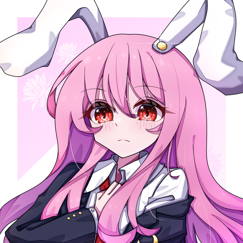 1girl absurdres animal_ears black_jacket blazer blouse blush border buttons collared_shirt crescent crescent_pin floral_background gaosuhuancun hair_between_eyes hand_on_own_chest highres jacket light_frown long_hair long_sleeves looking_ahead necktie off_shoulder pink_background pink_hair rabbit_ears rabbit_girl red_eyes red_necktie reisen_udongein_inaba shirt simple_background touhou white_border white_shirt