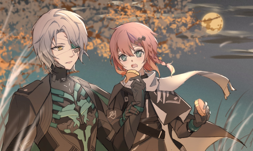 1boy 1girl autumn_leaves bandaid bandaid_on_face black_cape black_shirt blush bracelet braided_sidelock branch cape chinese_commentary clouds commandant_(punishing:_gray_raven) commentary cyborg drooling eating emblem eyepatch feeding food full_moon grass green_eyes grey_hair hair_between_eyes hair_over_one_eye highres holding holding_another's_wrist holding_food jewelry looking_at_food matching_accessory mechanical_parts medium_hair mid-autumn_festival moon mooncake mouth_drool one_eye_covered open_mouth punishing:_gray_raven qinling_qiufeng redhead scar scar_across_eye scar_on_face scarf shirt short_hair sparkling_eyes tall_grass teeth tree two-sided_fabric upper_body upper_teeth_only watanabe:_epitaph_(punishing:_gray_raven) watanabe_(punishing:_gray_raven) white_scarf yellow_eyes yellow_moon