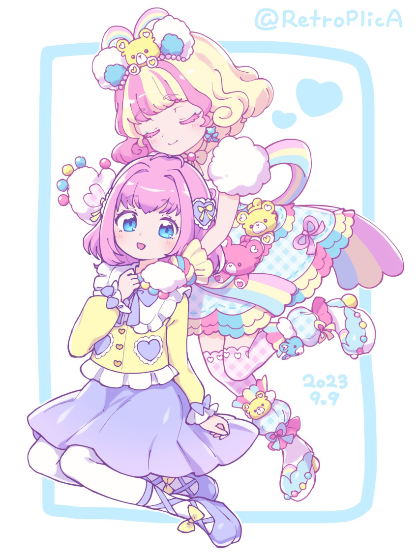 2girls :d amauri_miruki amauri_miruki_(primagista) animal_ears animal_hands antenna_hair bear_ears bear_hair_ornament bear_paws blonde_hair blue_eyes blue_footwear blue_skirt blush bow closed_eyes commentary_request dated dual_persona earrings fake_animal_ears frilled_skirt frills full_body gloves hair_intakes hair_ornament hand_on_another's_shoulder hand_on_own_chest heart heart_hair_ornament highres idol_clothes jewelry long_sleeves looking_at_viewer multicolored_hair multiple_girls nana_(retroplica) open_mouth pantyhose paw_gloves pink_hair pink_ribbon pink_thighhighs plaid plaid_skirt pretty_(series) rainbow_print ribbon shirt shoes short_hair sitting skirt smile standing standing_on_one_leg streaked_hair stuffed_animal stuffed_toy teddy_bear thigh-highs twitter_username waccha_primagi! white_background white_pantyhose yellow_bow yellow_shirt yume_kawaii