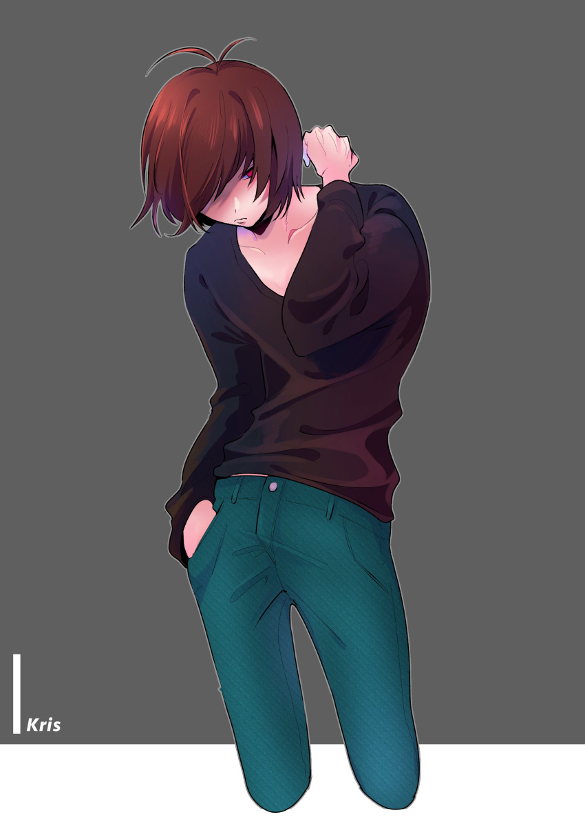 1boy ahoge alternate_costume amiriari78 bangs black_shirt brown_hair character_name closed_mouth clothing collarbone cowboy_shot deltarune double_ahoge facing_viewer green_pants grey_background hair_over_one_eye hand_in_pocket kris_(deltarune) long_sleeved_shirt long_sleeves looking_at_viewer male male_only multicolored_background multiple_ahoge one_eye_covered open_eyes pants red_eyes shirt simple_background solo text trousers two-tone_background very_high_resolution white_background white_text