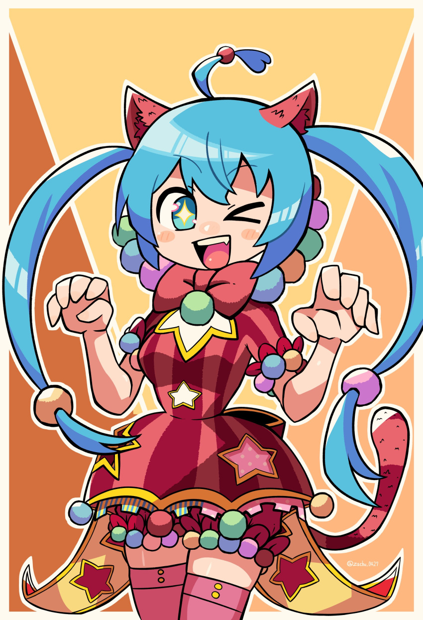 1girl absurdres ahoge animal_ears aqua_eyes aqua_hair blue_eyes blue_hair blush cat_ears claw_pose dress fang hair_between_eyes hair_ornament hatsune_miku highres long_hair looking_at_viewer one_eye_closed open_mouth pom_pom_(clothes) project_sekai red_dress simple_background smile solo striped striped_dress thigh-highs twintails twitter_username very_long_hair vocaloid wonderlands_x_showtime_(project_sekai) wonderlands_x_showtime_miku zachu_(nyzt) zettai_ryouiki
