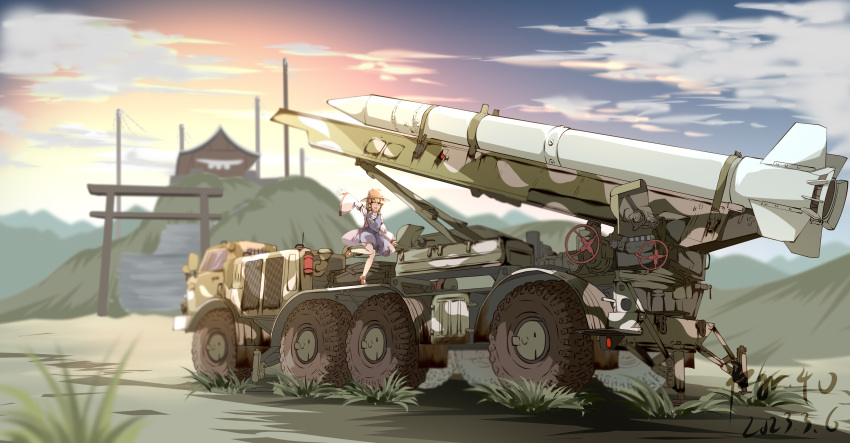 1girl absurdres blonde_hair blurry blurry_background brown_headwear chinese_commentary clouds commentary_request dated full_body gradient_sky highres long_sleeves military_vehicle missile moriya_suwako motor_vehicle mountainous_horizon outdoors purple_skirt purple_vest pzgr.40 short_hair shrine signature skirt sky solo standing standing_on_one_leg touhou truck variant_set vest wide_shot wide_sleeves