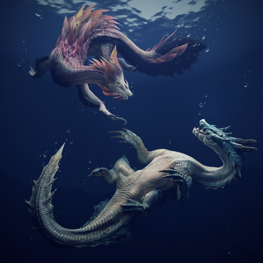 3d absurdres air_bubble animal_focus bubble caustics claws commentary english_commentary fins from_side full_body head_fins highres ivorylagiacrus lagiacrus long_tail looking_at_another looking_back mizutsune monster_hunter_(series) no_humans purple_fur refraction reptile submerged swimming tail underwater