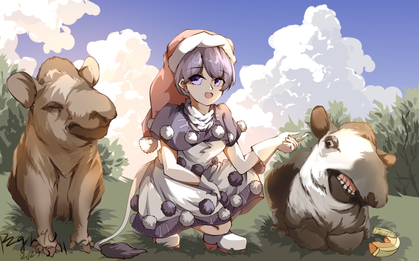 1girl absurdres baku_(creature) black_capelet blue_sky capelet chinese_commentary clouds commentary_request doremy_sweet dress full_body hat highres looking_at_viewer nightcap outdoors pom_pom_(clothes) purple_hair pzgr.40 red_headwear short_hair sky tail tapir tapir_tail touhou violet_eyes white_dress