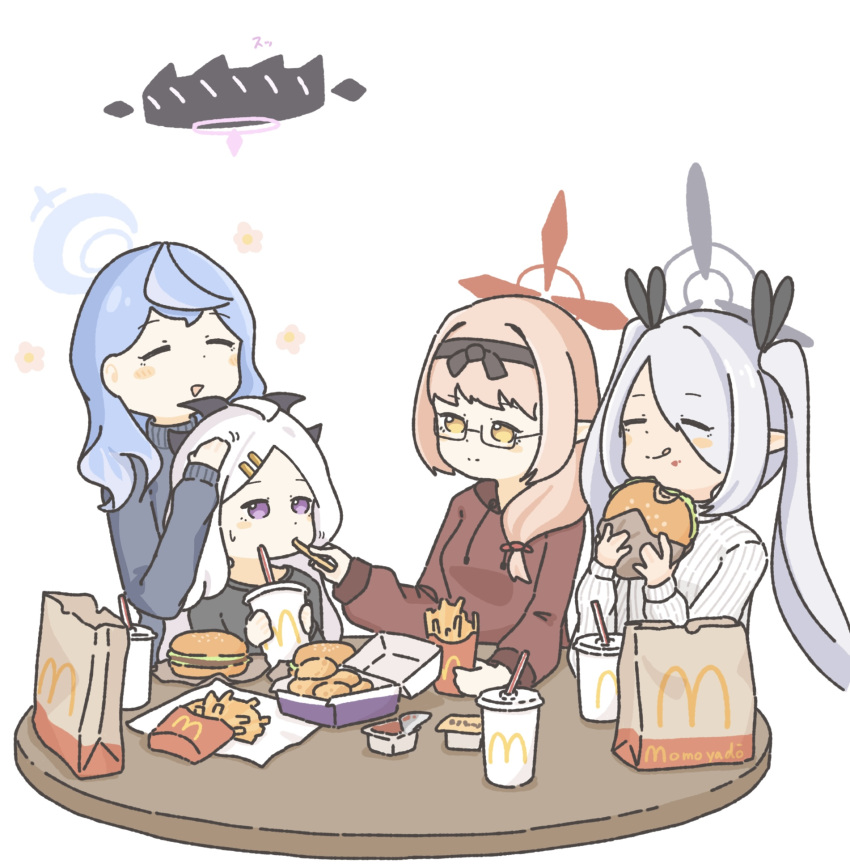 4girls ako_(blue_archive) alternate_costume blue_archive burger chicken_nuggets chinatsu_(blue_archive) condiment_packet cup dark-skinned_female dark_skin demon_girl demon_horns disposable_cup eating enobun3gyo fast_food feeding food french_fries glasses halo happy highres hina_(blue_archive) holding holding_food horns iori_(blue_archive) mcdonald's multiple_girls pointy_ears prefect_team_(blue_archive) sauce smile sweatdrop yoru_mac