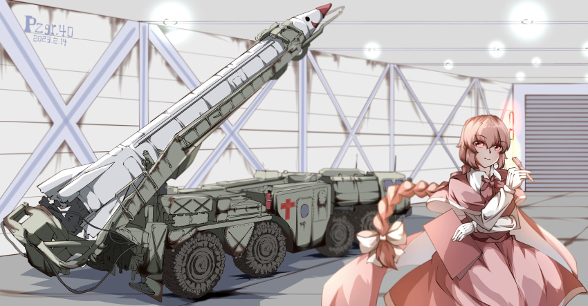 1girl absurdres anti-aircraft anti-aircraft_missile blurry blurry_background bow braid braided_ponytail capelet chinese_commentary closed_mouth commentary_request dated dress hair_bow highres holding holding_pen indoors long_hair long_sleeves looking_at_viewer mimi-chan missile okazaki_yumemi pen pzgr.40 red_capelet red_dress red_eyes redhead signature smile touhou touhou_(pc-98) white_bow