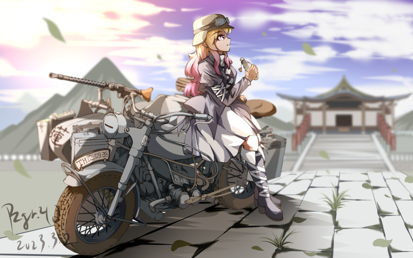 1girl absurdres black_dress black_footwear bmw_r75 brown_hair chinese_commentary closed_mouth clouds commentary_request dated dress from_side full_body gradient_hair highres hijiri_byakuren holding_gourd juliet_sleeves long_hair long_sleeves military motor_vehicle motorcycle mountain multicolored_hair outdoors puffy_sleeves purple_hair pzgr.40 shrine signature sky solo touhou variant_set white_dress yellow_eyes