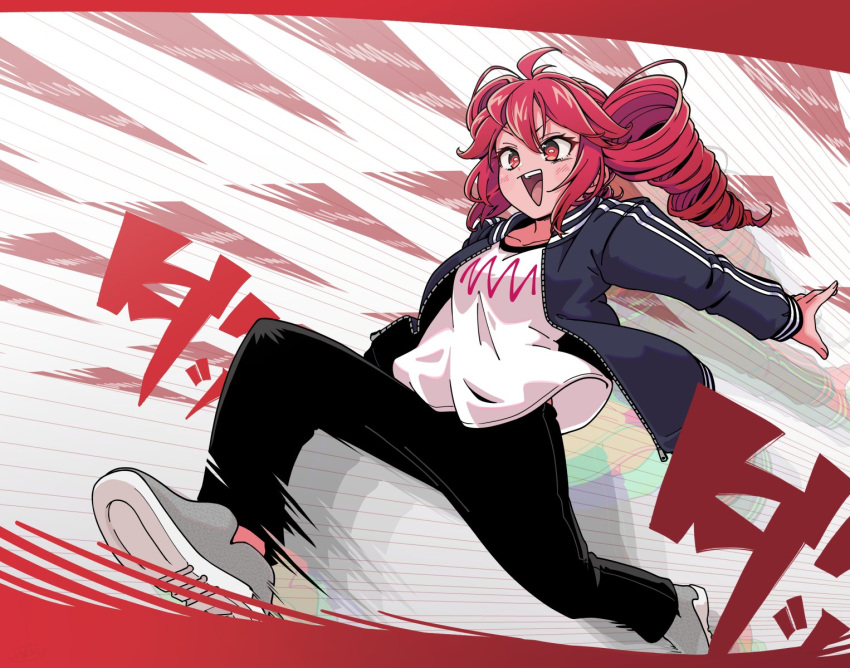 1girl :&gt; ahoge alternate_costume black_jacket black_pants blush drill_hair fujinoki_(horonabe-ken) full_body grey_footwear highres jacket kasane_teto looking_ahead medium_hair motion_lines open_clothes open_jacket outstretched_arms pants red_eyes redhead running shirt shoe_soles shoes sneakers solo striped striped_jacket teeth triangle_mouth twin_drills twintails upper_teeth_only utau white_shirt