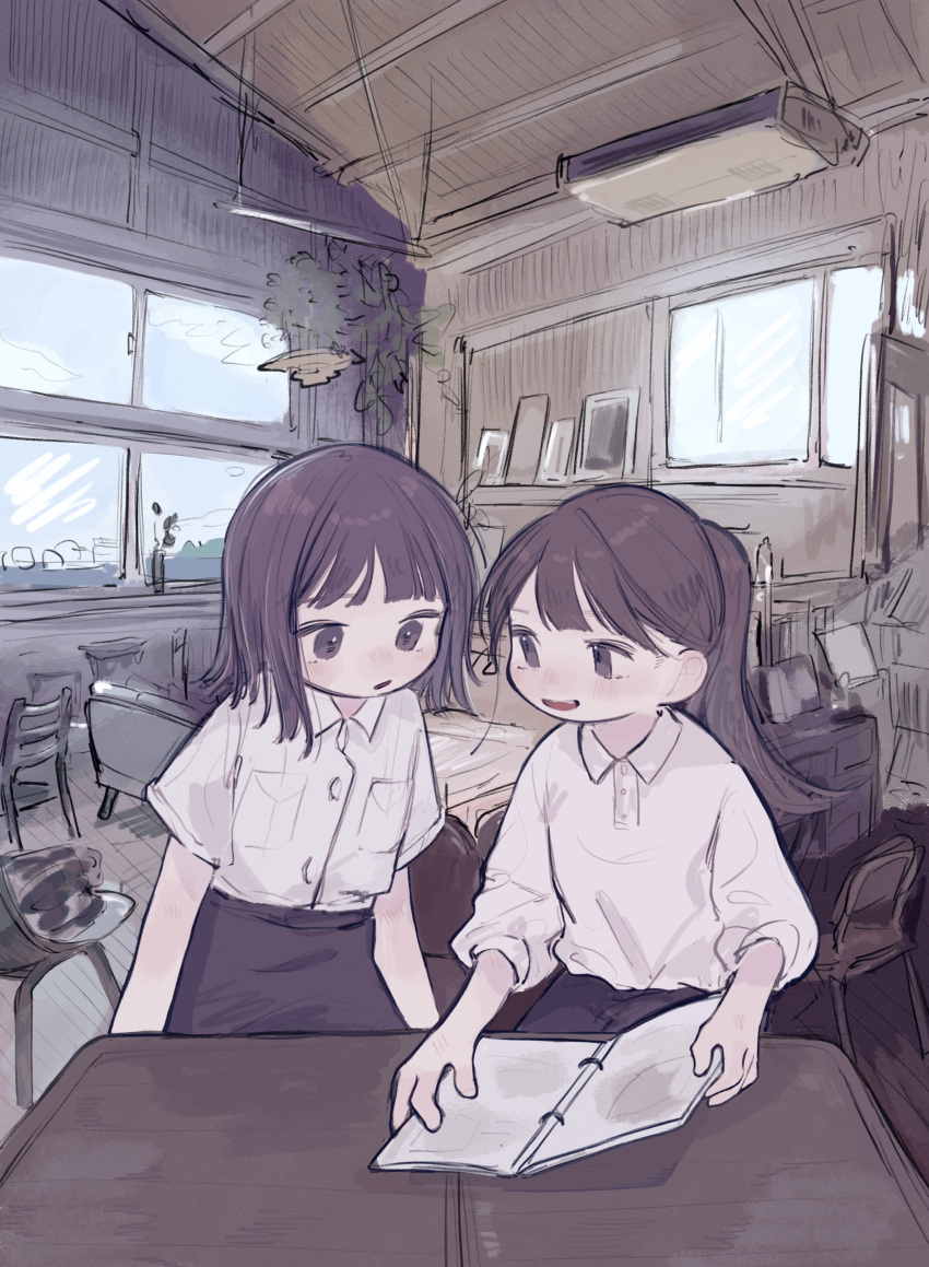 2girls absurdres black_eyes black_skirt book chair collared_shirt commentary_request day highres indoors long_hair multiple_girls open_mouth original parted_lips ponytail shirt short_hair short_sleeves skirt table white_shirt window yunoki_itsugu