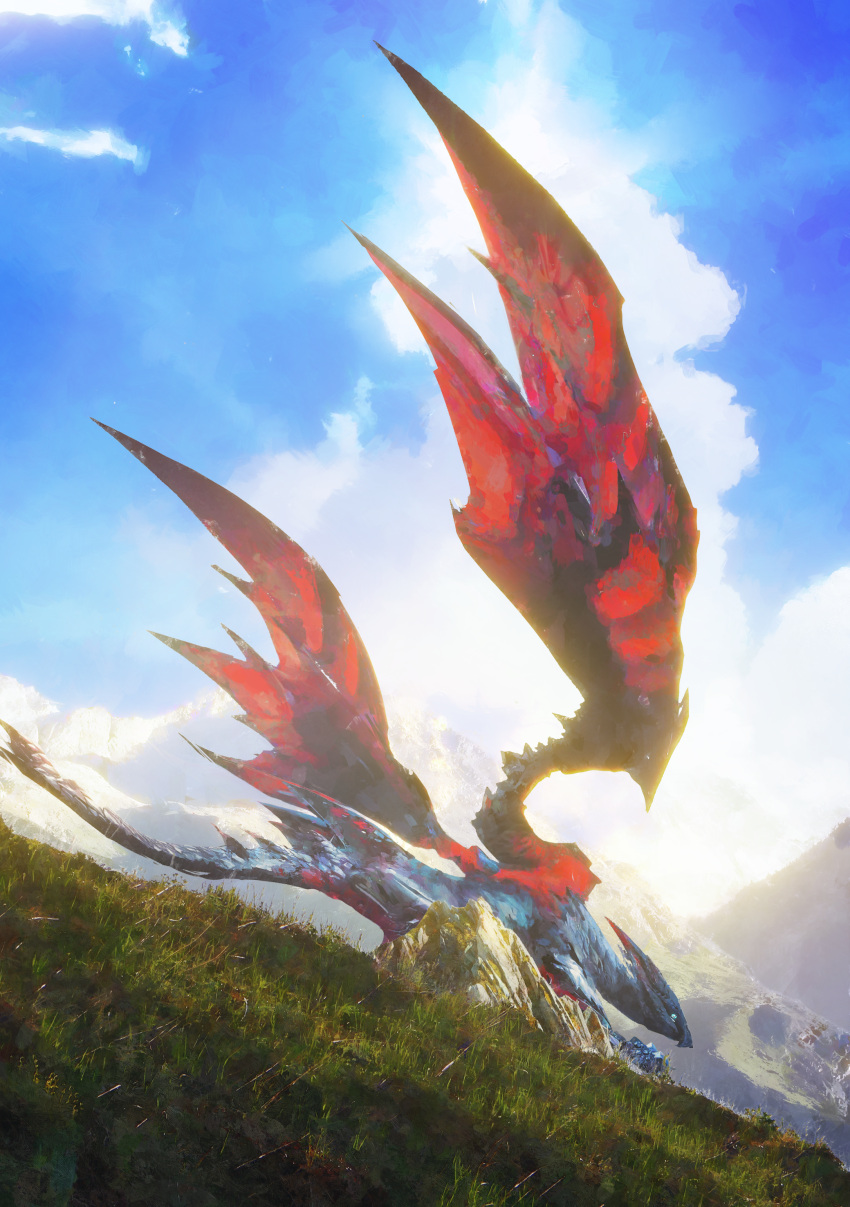 absurdres animal_focus backlighting bloom blue_eyes clouds cloudy_sky commentary_request dragon from_below from_side grass highres monster_hunter_(series) monster_hunter_xx mountain norino_(106592473) outdoors scenery sky solo standing sunlight valstrax