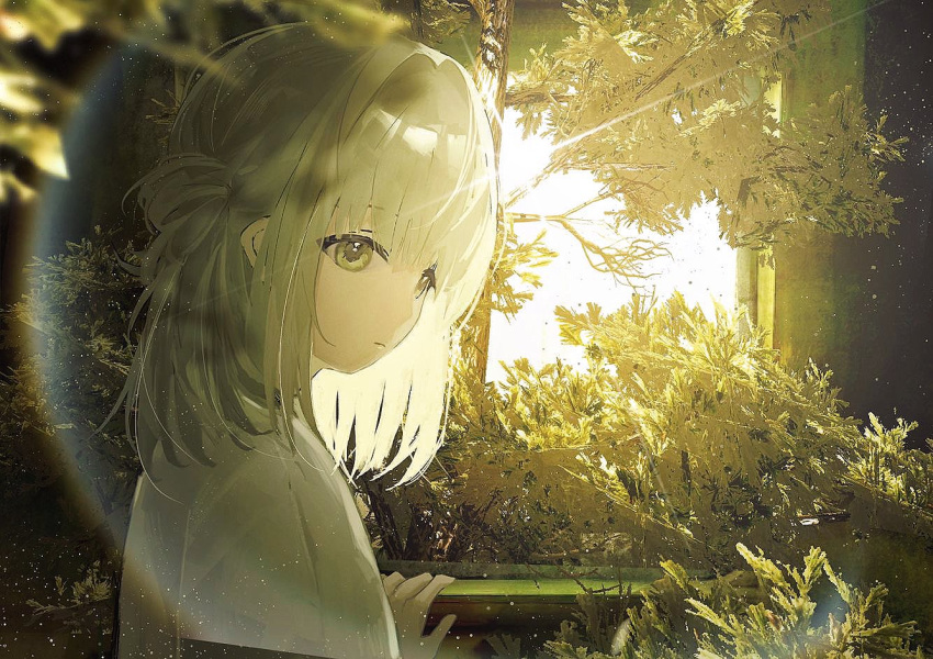 1girl aged_down backlighting berubetto bush closed_mouth diffraction_spikes dress forest from_side green_theme grey_eyes grey_hair hair_bun hand_on_railing lens_flare light_particles looking_to_the_side medium_hair nature reverse:1999 single_side_bun solo tree upper_body vertin_(reverse:1999) white_dress