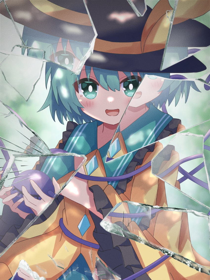 1girl app_filter aqua_collar aqua_eyes aqua_hair aqua_skirt black_headwear blurry blurry_background blush_stickers bow buttons collared_shirt commentary_request diamond_button frilled_shirt_collar frilled_sleeves frills glass_shards hat hat_bow heart heart_of_string high_meron highres holding_eye komeiji_koishi long_sleeves looking_at_viewer open_mouth outdoors shirt short_hair skirt smile solo third_eye touhou upper_body wide_sleeves yellow_bow yellow_shirt