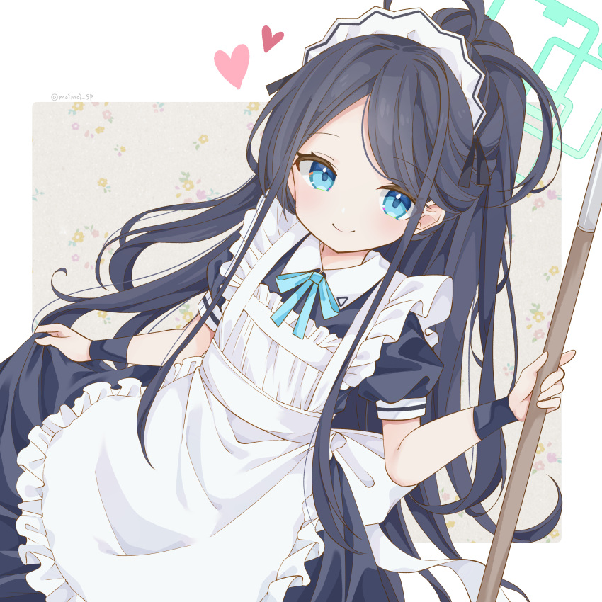 1girl absurdly_long_hair absurdres apron aris_(blue_archive) aris_(maid)_(blue_archive) black_dress black_hair blue_archive blue_eyes closed_mouth dress frilled_apron frills green_halo halo heart highres long_hair looking_at_viewer maid_headdress official_alternate_costume puffy_short_sleeves puffy_sleeves saekiya_sabou short_sleeves smile solo twitter_username very_long_hair white_apron