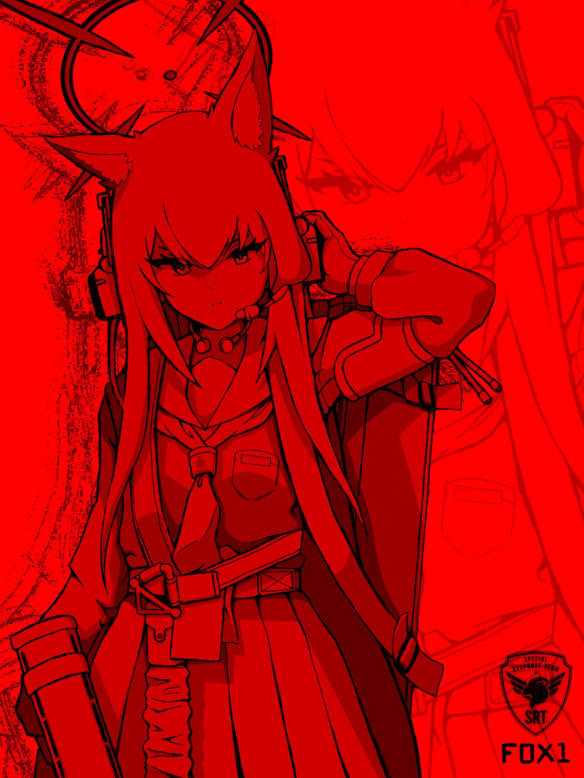 1girl animal_ear_fluff animal_ears arm_up bag belt blue_archive breast_pocket breasts english_text gloves gun halo headset highres holding holding_gun holding_weapon long_hair long_sleeves looking_at_viewer microphone monochrome necktie pocket pouch red_theme sailor_collar school_bag shirt shirt_tucked_in skirt small_breasts solo uni_gyoza v-shaped_eyebrows weapon yukino_(blue_archive)