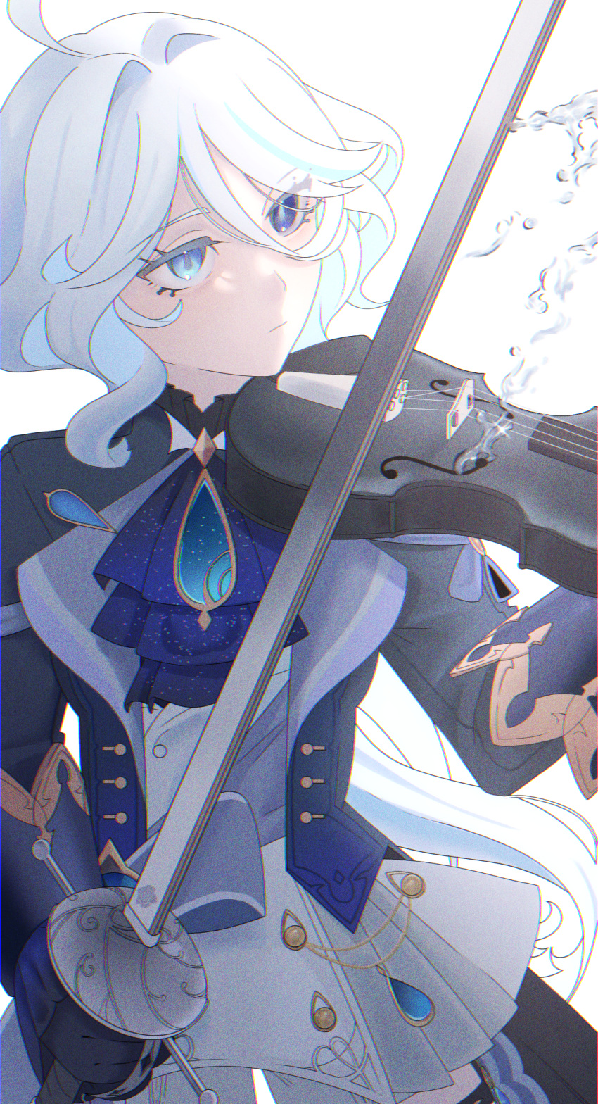 1girl black_jacket blue_eyes dress frilled_dress frills furina_(genshin_impact) genshin_impact highres holding holding_sword holding_weapon instrument irreligiositat jacket looking_to_the_side medium_hair music playing_instrument sword violin weapon white_dress white_hair