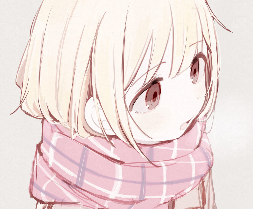 1girl blonde_hair grey_background grey_scarf hair_between_eyes highres light_blush looking_ahead open_mouth original plaid plaid_scarf red_eyes scarf short_hair simple_background sketch solo tsuchi_(sh_spica1) upper_body