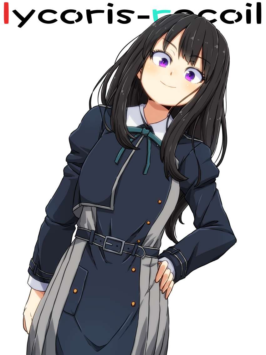 1girl absurdres aono3 black_hair blue_dress blue_ribbon closed_mouth commentary copyright_name cowboy_shot dress dutch_angle grey_dress hand_on_own_hip highres inoue_takina long_hair long_sleeves looking_at_viewer lycoris_recoil lycoris_uniform neck_ribbon pleated_dress ribbon simple_background smile solo standing straight_hair text_background two-tone_dress violet_eyes white_background