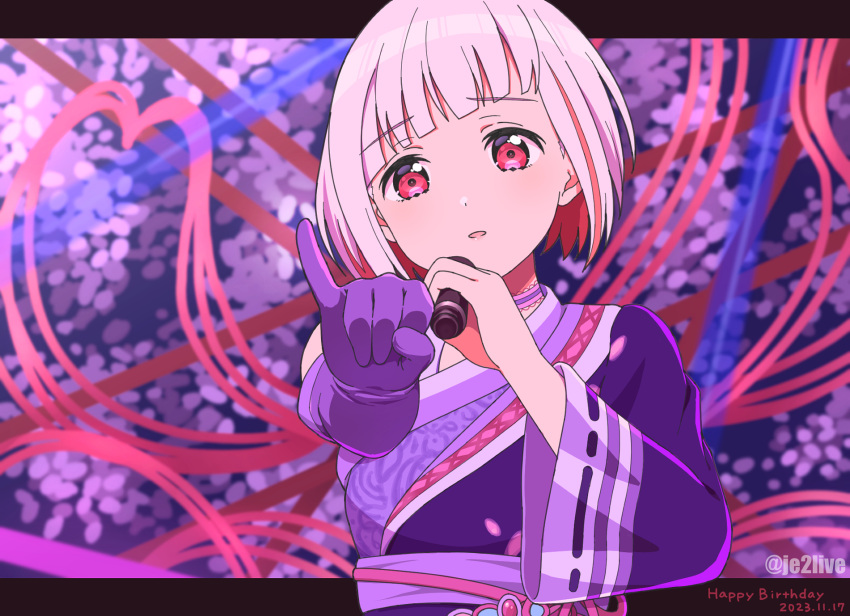 1girl asymmetrical_bangs asymmetrical_gloves colored_inner_hair dated furrowed_brow gloves happy_birthday highres holding holding_microphone japanese_clothes jenny_(artist) link!_like!_love_live! long_sleeves looking_at_viewer love_live! microphone mismatched_gloves multicolored_hair parted_lips pinky_out purple_gloves red_eyes redhead short_hair single_glove solo streaked_hair twitter_username upper_body white_hair wide_sleeves yugiri_tsuzuri