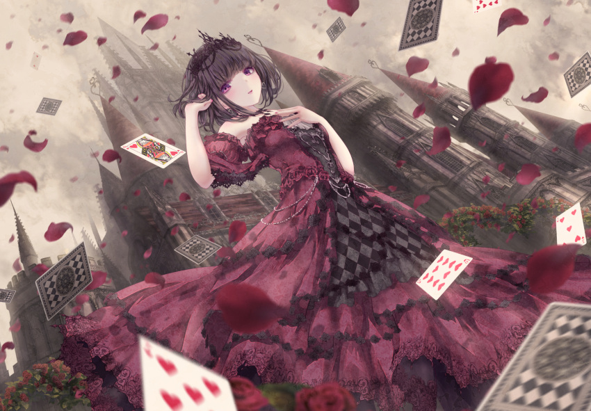 1girl :d alice_in_wonderland black_hair card castle detached_sleeves dress falling_petals floating_card flower frills gothic_lolita hair_twirling hand_on_own_chest highres lolita_fashion looking_at_viewer missile228 open_mouth petals playing_card queen_of_hearts_(alice_in_wonderland) red_flower red_rose rose rose_petals short_hair short_sleeves smile tiara violet_eyes