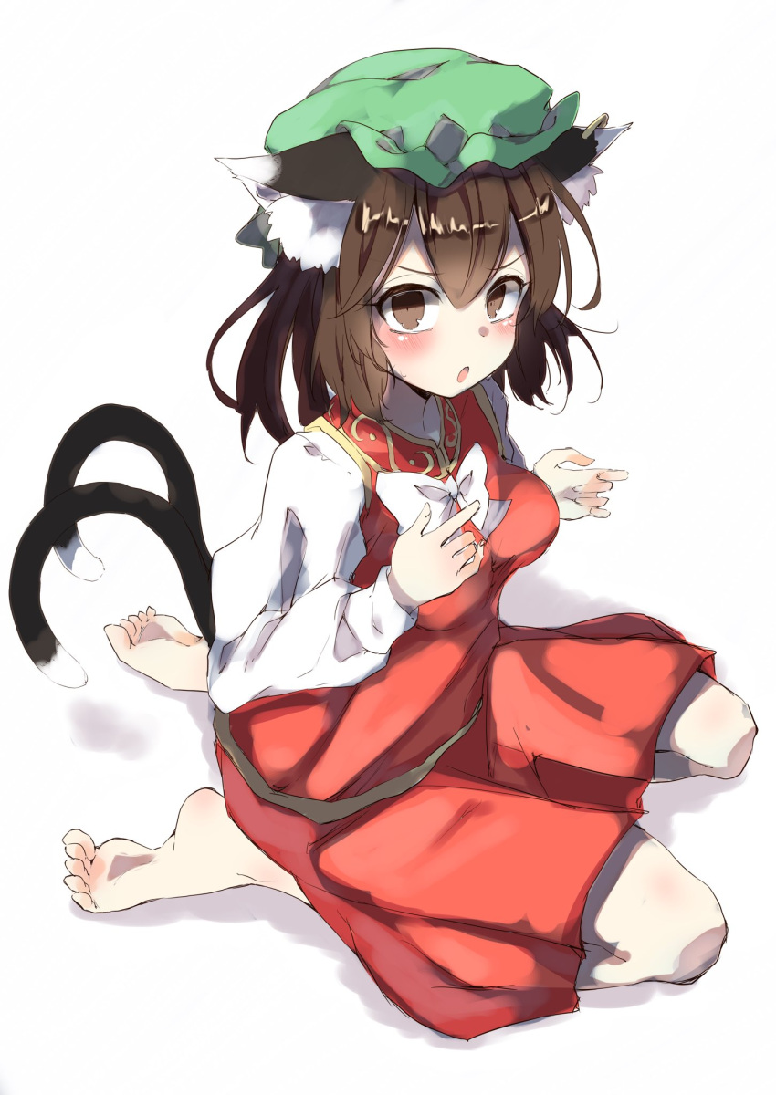 1girl :o animal_ear_fluff animal_ear_piercing animal_ears barefoot blush bow bowtie breasts brown_eyes brown_hair cat_ears chen commentary_request double-parted_bangs dress earrings from_above furrowed_brow gold_trim hair_between_eyes hands_up hat highres jewelry long_sleeves medium_breasts medium_hair mob_cap open_mouth puffy_long_sleeves puffy_sleeves red_dress seika_okawari seiza shadow simple_background single_earring sitting solo toes touhou white_background white_bow white_bowtie