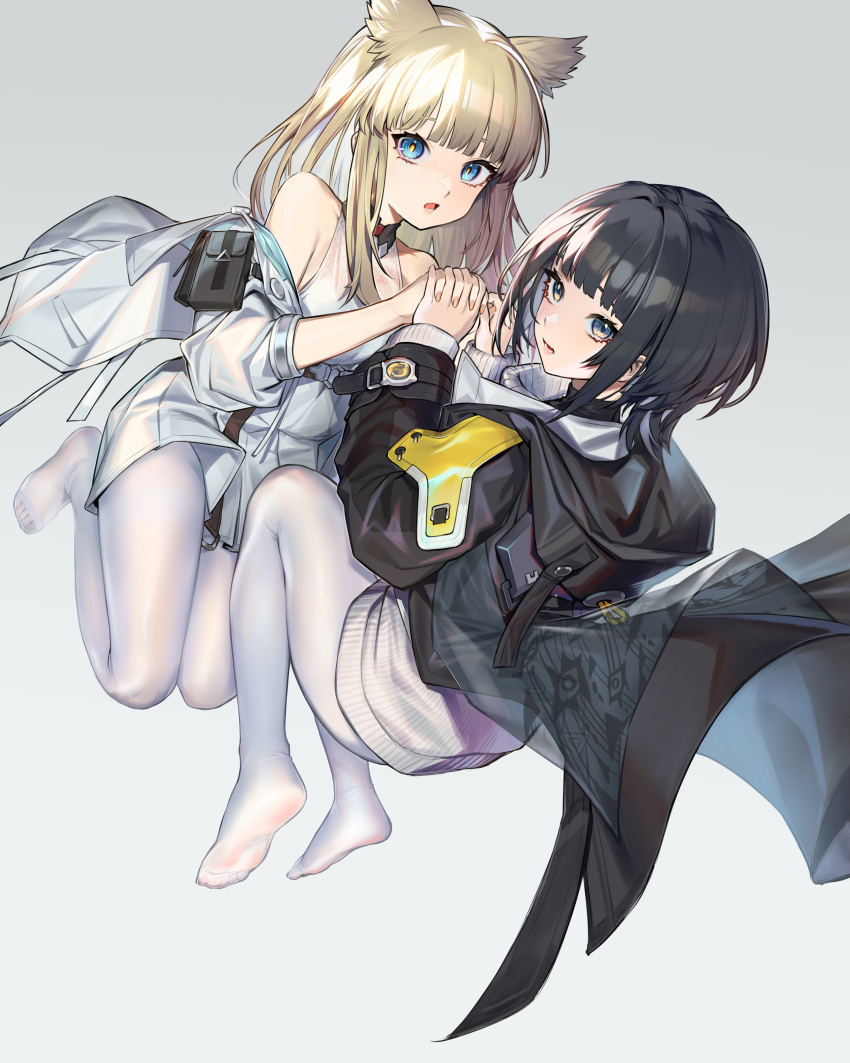 2girls absurdres animal_ears arknights arknights:_endfield belt_pouch black_hair blonde_hair blue_eyes blunt_bangs dress female_endministrator_(arknights) full_body grey_jacket highres holding_hands hood hooded_coat interlocked_fingers jacket layered_sleeves legs_folded long_hair looking_at_viewer looking_back moyume multiple_girls no_shoes off_shoulder open_clothes open_jacket open_mouth pantyhose perlica_(arknights) pouch ribbed_sweater short_hair sleeveless sleeveless_dress sweater white_dress white_pantyhose white_sweater