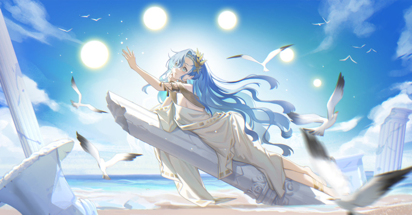 1girl 37_(reverse:1999) absurdres ancient_greek_clothes armlet asymmetrical_bangs barefoot beach bird blue_eyes blue_hair blue_sky calla10 circle closed_mouth clouds column day elbow_rest floating_hair from_side full_body greco-roman_clothes hair_between_eyes hair_ornament hand_up highres leaf_hair_ornament long_hair looking_up lying ocean on_stomach outdoors outstretched_arm pillar reverse:1999 sand seagull single_bare_shoulder sky solo toga very_long_hair