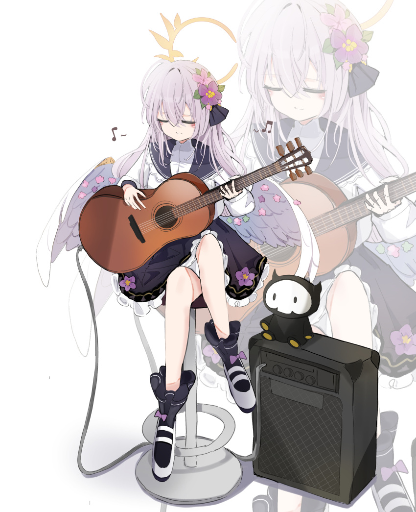 1girl absurdres amplifier azusa_(blue_archive) beamed_eighth_notes black_dress black_sailor_collar black_socks blue_archive chair closed_eyes closed_mouth crossed_legs dress eighth_note flower frilled_dress frills grey_hair guitar hair_between_eyes hair_flower hair_ornament halo highres holding holding_instrument instrument long_hair long_sleeves multiple_views music musical_note pink_flower playing_instrument purple_flower sailor_collar shirt shoes simple_background sitting smile socks unli_free white_background white_footwear white_shirt white_wings wings yellow_halo zoom_layer