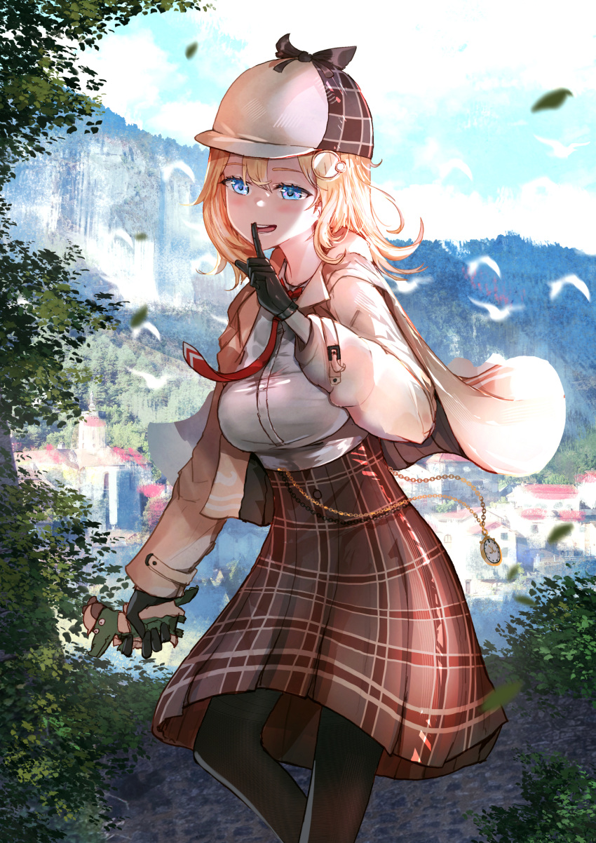 1girl absurdres advarcher black_gloves black_pantyhose blonde_hair blue_eyes blue_sky blush brown_cape brown_headwear brown_skirt cape clouds collared_shirt deerstalker finger_to_mouth gloves hat high-waist_skirt highres hololive hololive_english investigator_(amelia_watson) looking_at_viewer monocle necktie pantyhose pocket_watch red_necktie shirt skirt sky smile solo teeth tree upper_teeth_only virtual_youtuber watch watson_amelia watson_amelia_(1st_costume) white_shirt